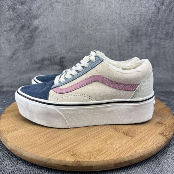 Vans Old Skool Platform Shoes Womens Size 7 Cream Blue Pink Suede Fleece - Picture 4 of 11